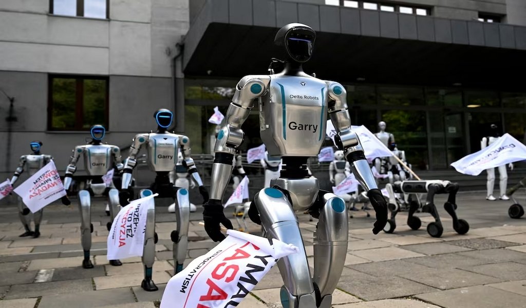 Robot Polonia Robots humanoides y cuadrúpedos reclaman en la calle la regulación de la IA. SERGEI GAPON. AFP